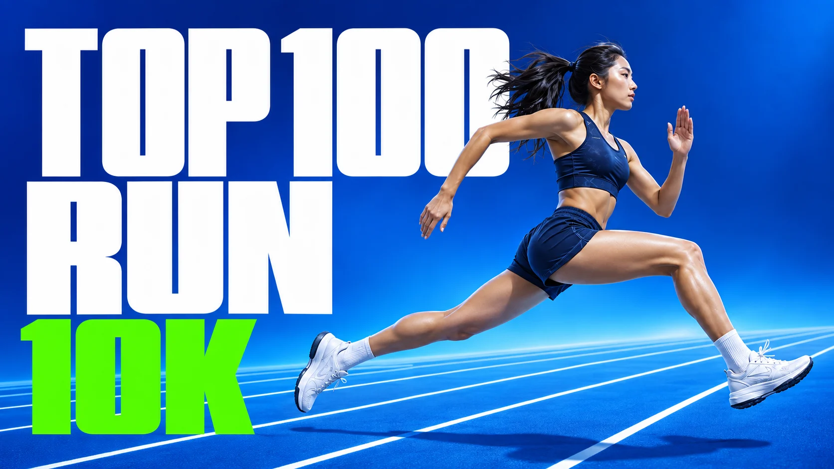 파란 트랙 위를 달리는 여성 러너와 TOP 100 RUN 10K 타이포그래피 포스터